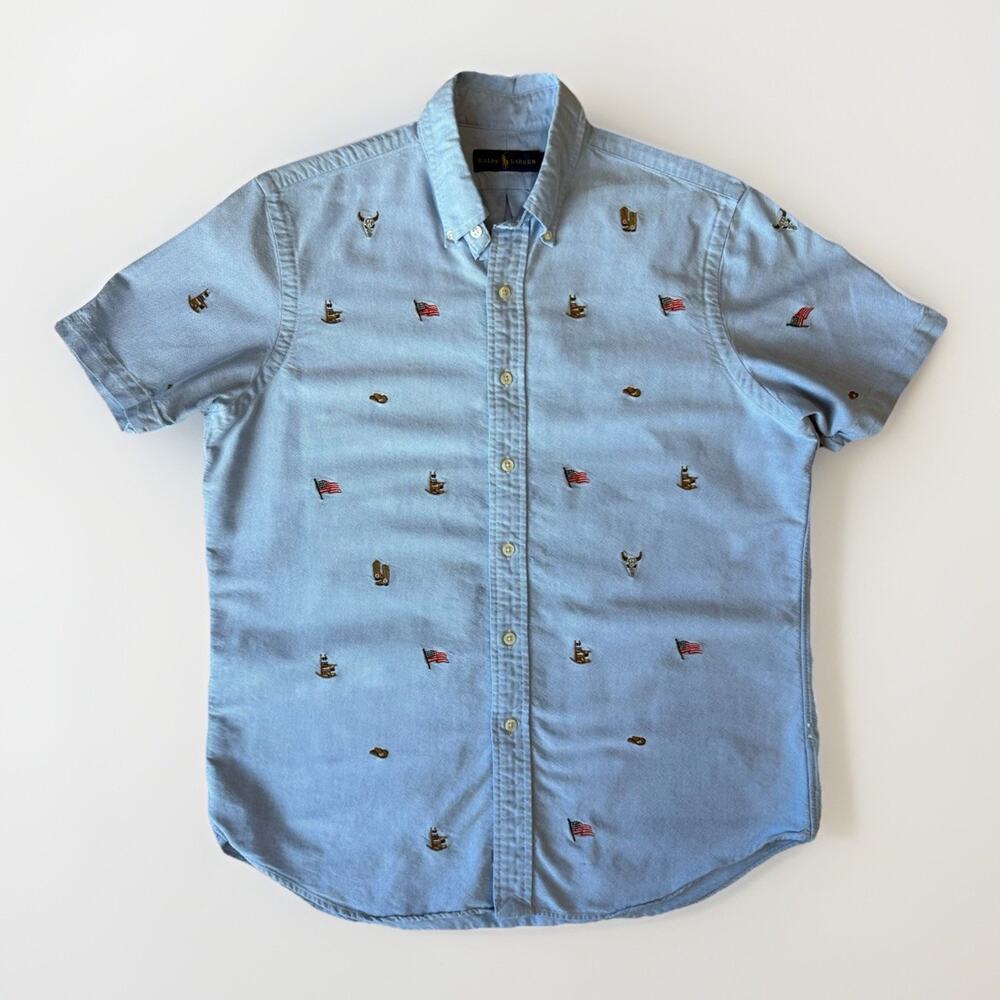Polo Ralph Lauren Shirt Medium Blue Embroidered Short Sleeve Button Up New York